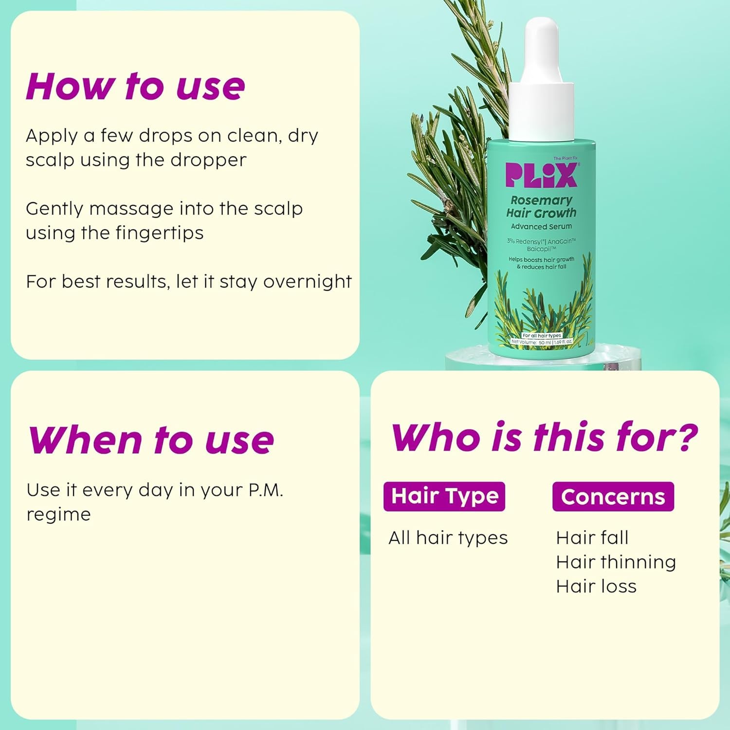 PLIX Rosemary Hair Growth Serum Redensyl AnaGain Baicapil Hair Fall 50ml