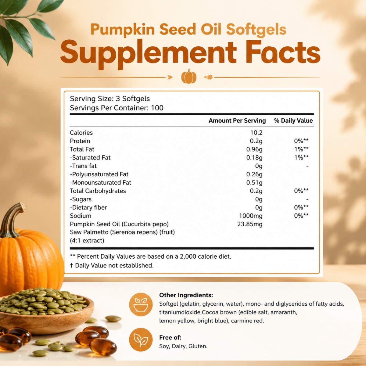 Cold-Pressed Pumpkin Seed Oil Softgels,Reduce Hair Loss &Support Prostate Health