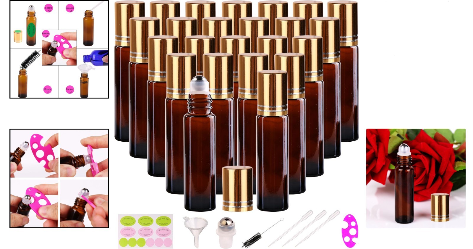 24 Pack 10ml Amber Glass Roller Bottles – Perfect for Essential Oils & Travel