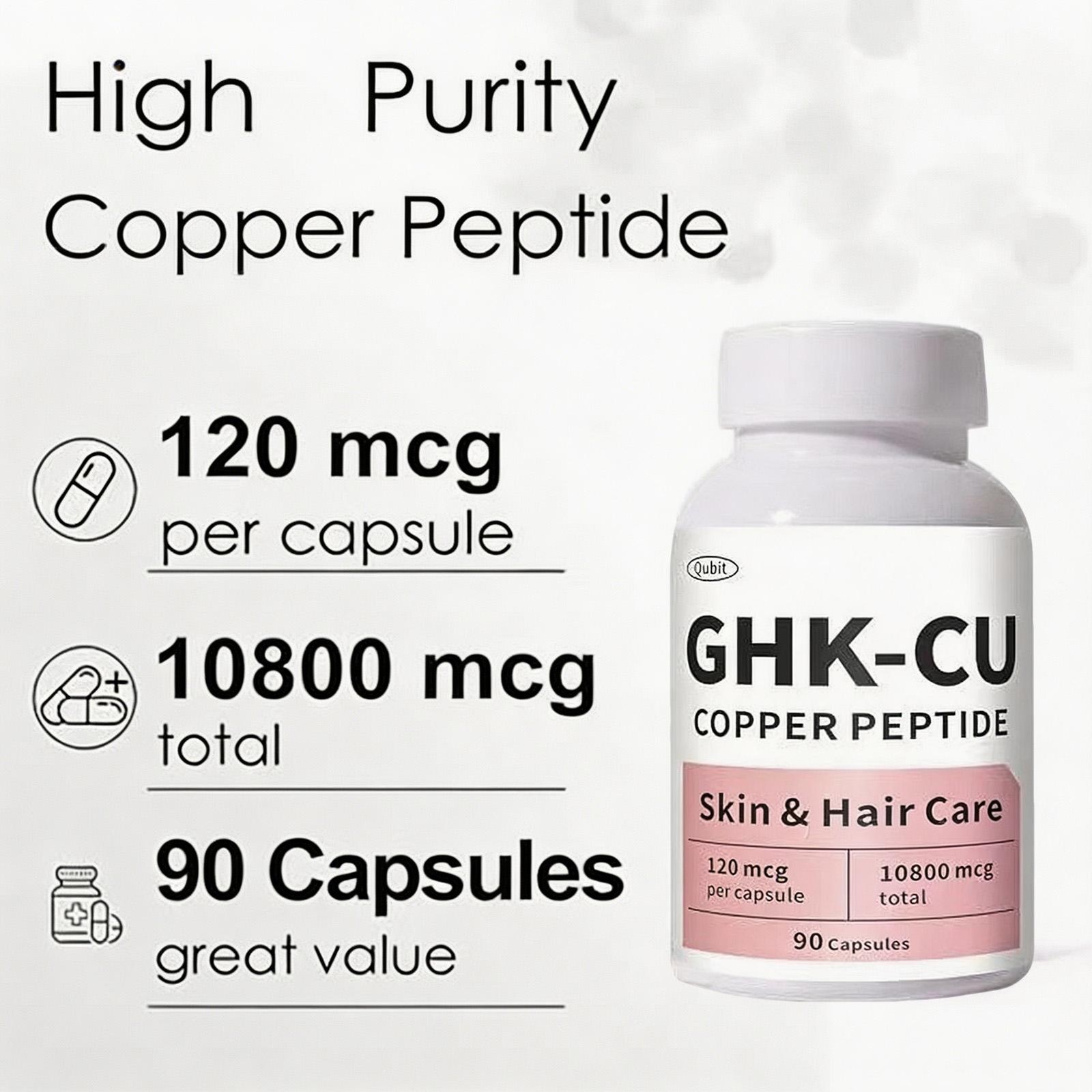 GHK-Cu Copper Peptide Supplement for Skin & Hair, Easy to Absorb – 90 Capsules