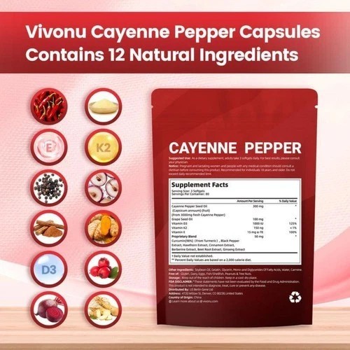 Cayenne Pepper + D3/K2 Softgels–240 Count,Supports Heart,Liver Detox&Metabbolism