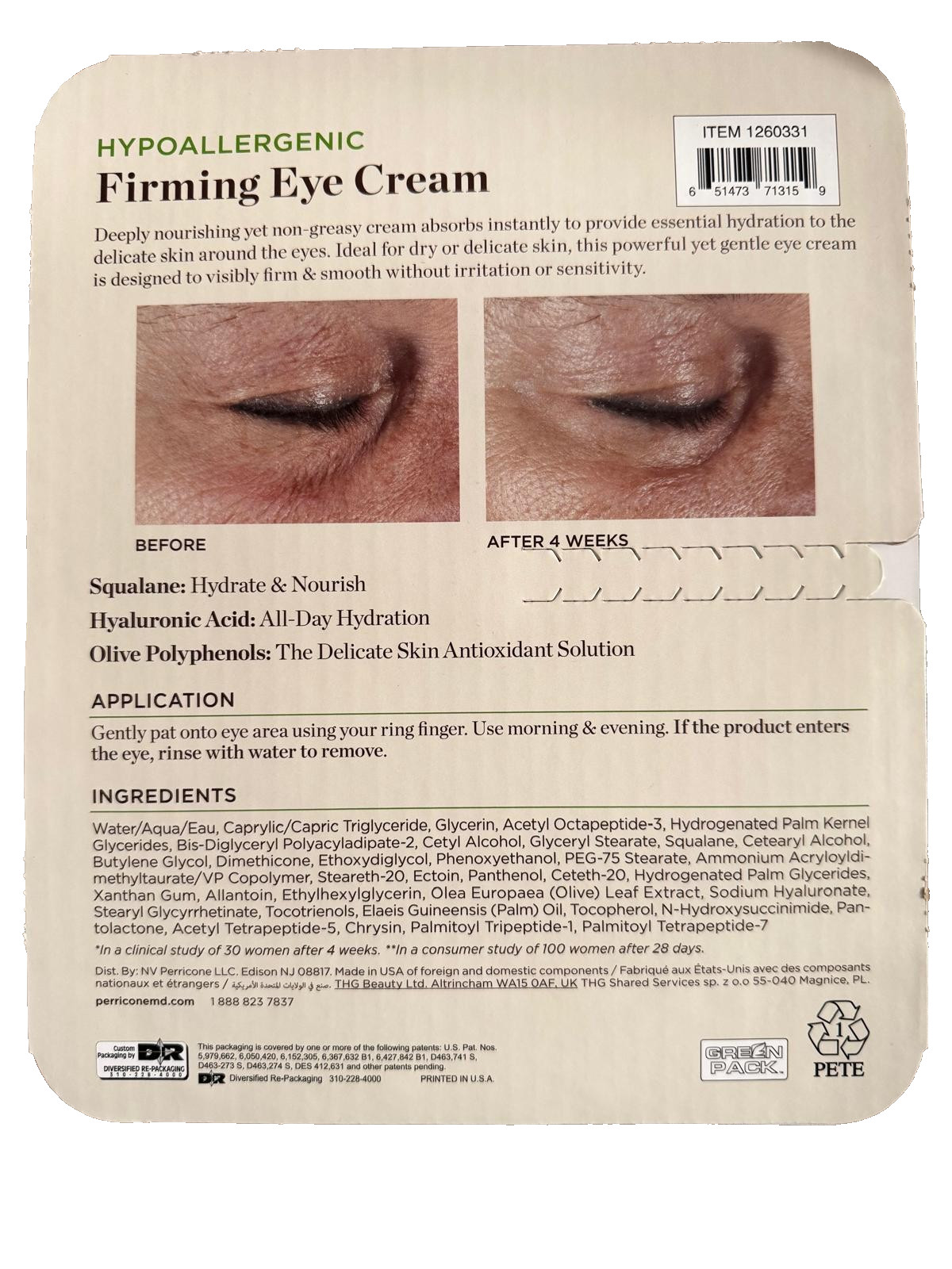 Perricone MD HypoAllergenic Firming Eye Cream, 0.5 Fl Oz- Free shipping