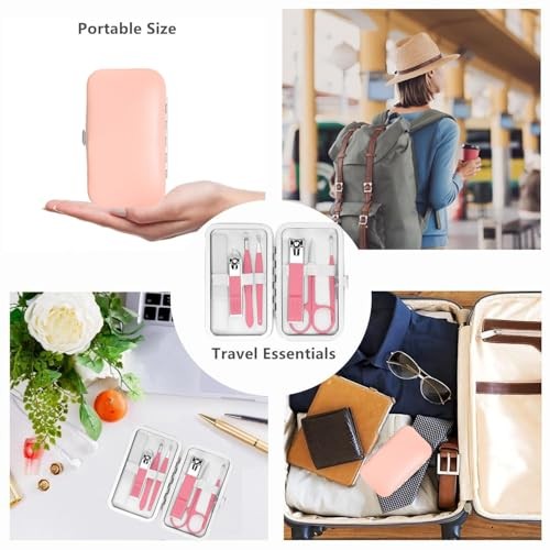 Manicure Set Women Nail Kit with Nail Clippers Eyebrow Tweezers Small-8Pcs Pink