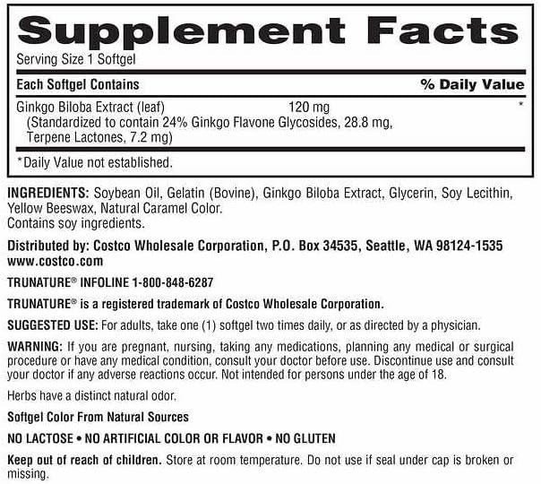 Tru Nature Ginkgo Biloba 340 Softgels for Brain Support