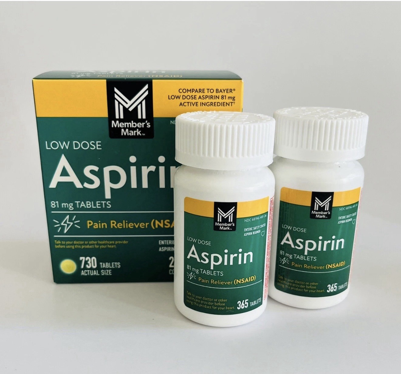Member’s Mark Low Dose Aspirin 81mg x2 365 Ct BOTTLES, 730 Tabs~Compare to Bayer