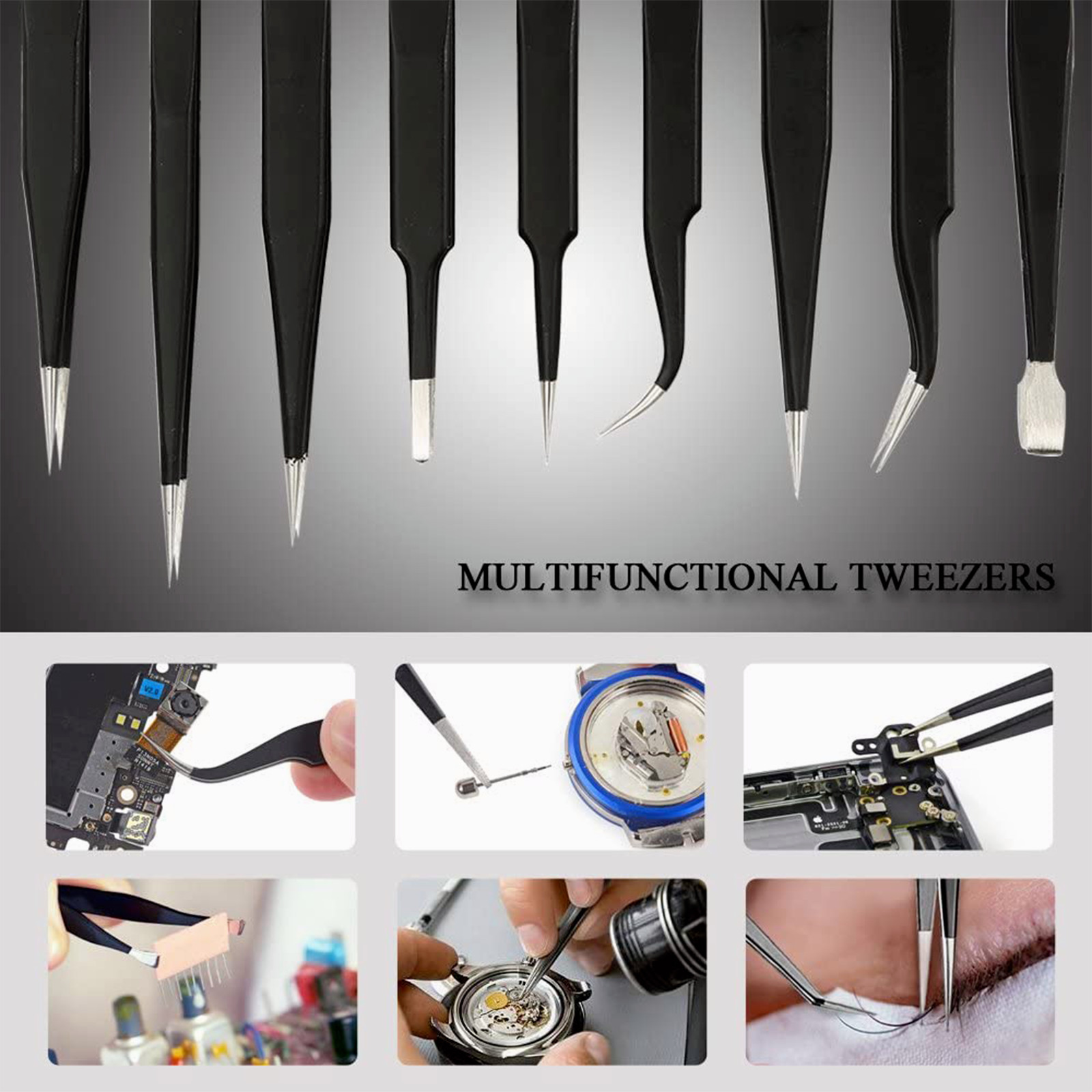 10Pcs ESD Precision Tweezers Set Stainless Steel Tool for Electronics Repair
