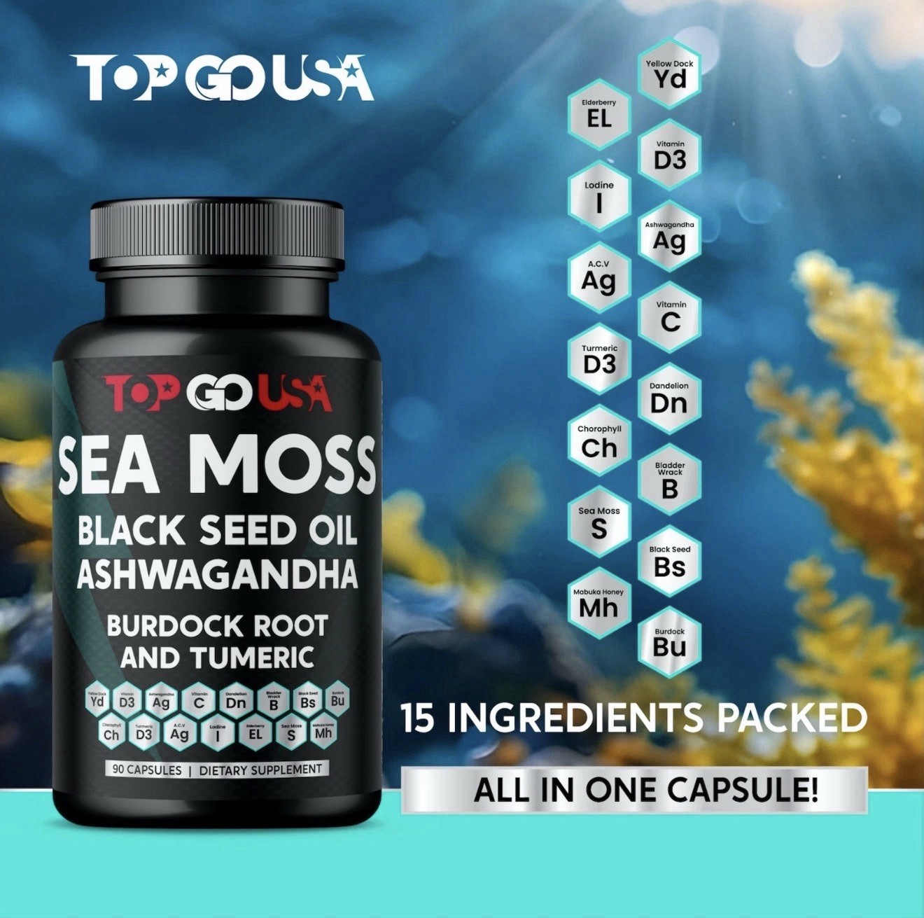 3 Pack Sea Moss Black Seed Oil Ashwagandha Burdock Root Turmeric 270 Capsules
