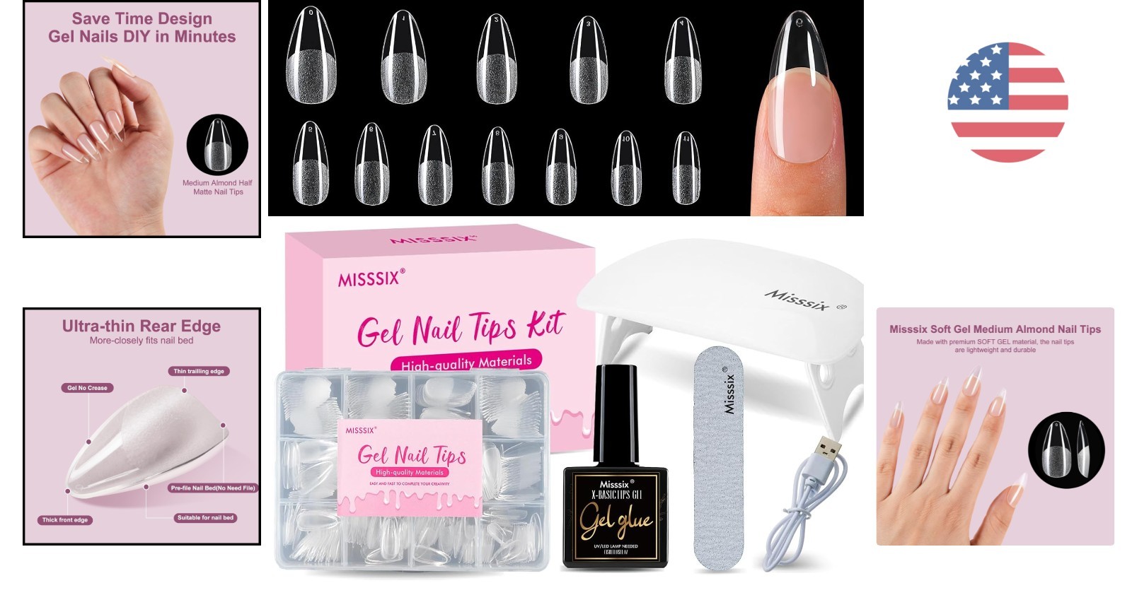 216Pcs Pre-Etched Gel Nail Tips – Medium Almond with Easy Application System