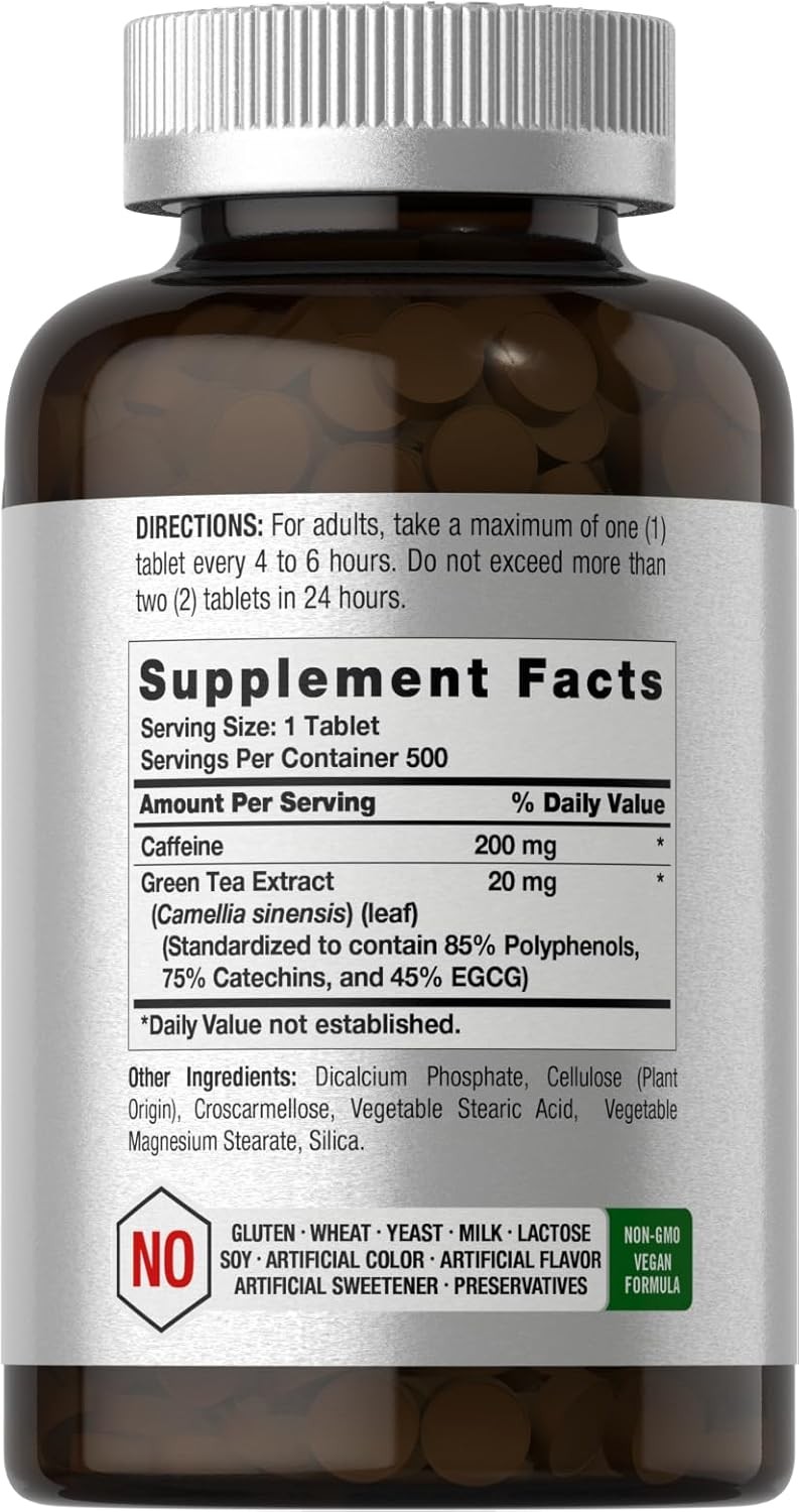 Caffeine Pills 220mg With Green Tea | 500 Tablets | Vegetarian | by Horbaach