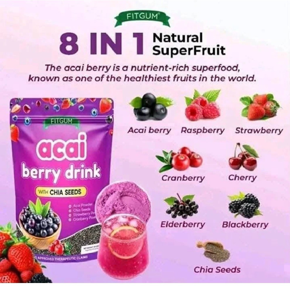 3 Packs FITGUM Acai Berry Drink Powder w/ Chia & Collagen – 10 Sachets Each