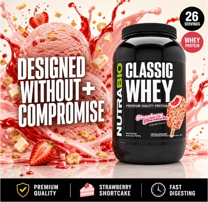 NutraBio Classic Whey Protein Powder, Strawberry Shortcake, 2 lb, 25g Protein