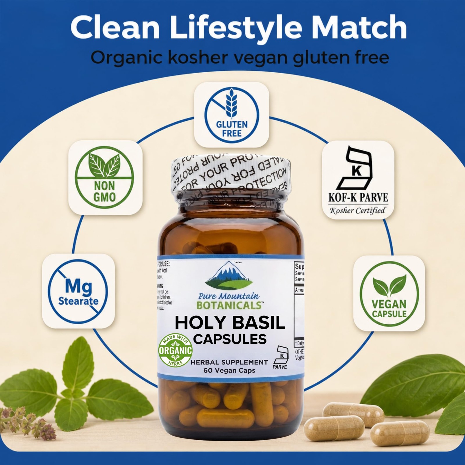 Pure Mountain Botanicals Holy Basil Supplement – Kosher Organic Tulsi Capsules