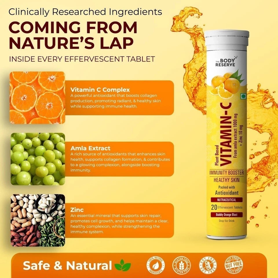 The Body Reserve Natural Vitamin C, Amla Extract With Zinc | Orange Flavour 120N