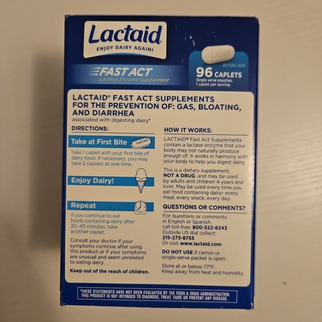 Lactaid Fast Act 1 Bottle 96 Count Lactose Intolerance Relief Exp 2027+