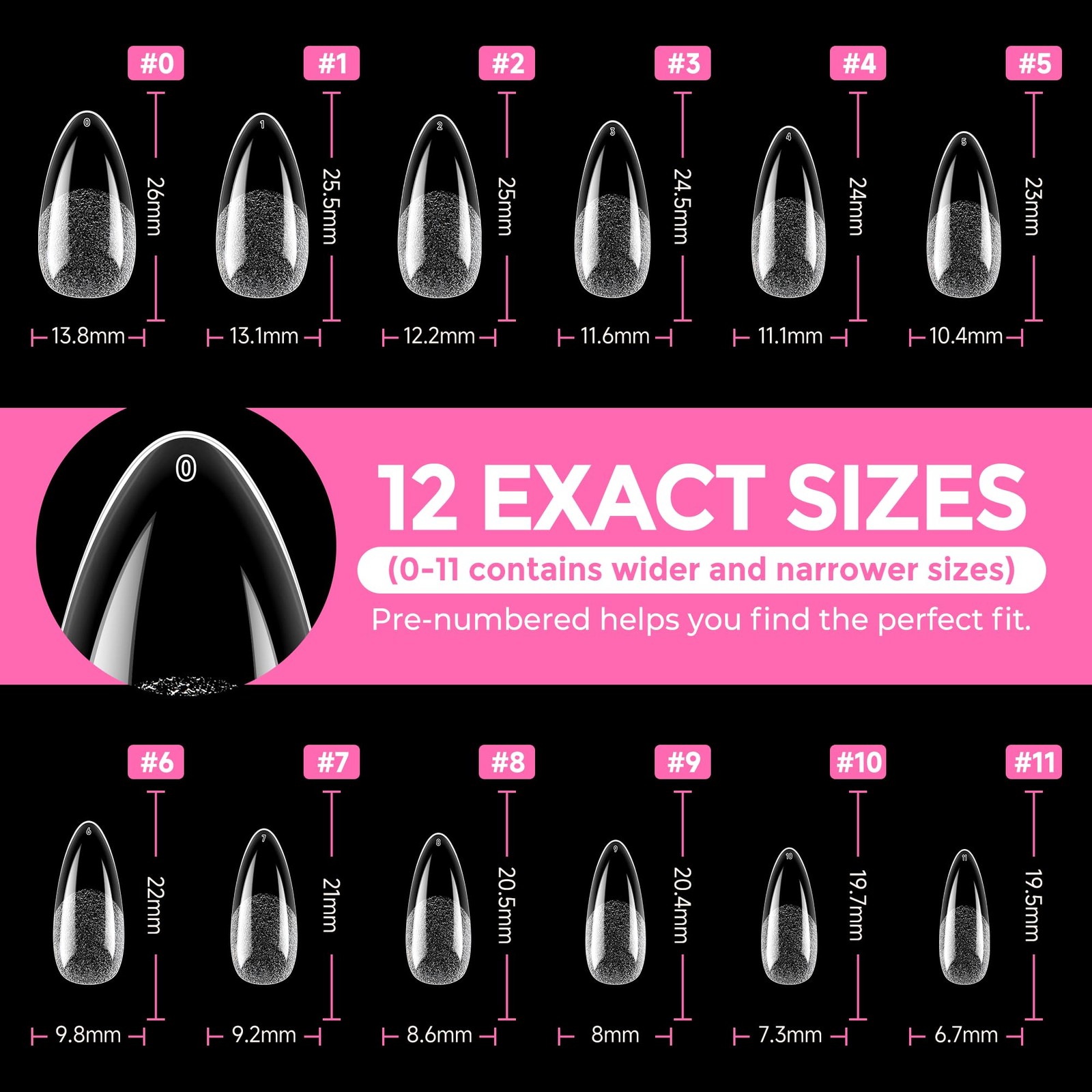 216PCS Medium Almond Nail Tips, Full Cover Gel Press-On Fake Nails, 12 Sizes