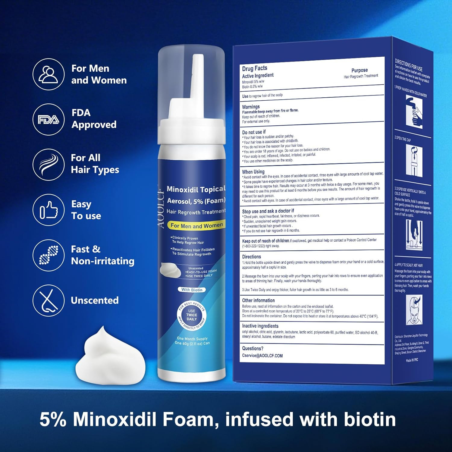 5% Topical Minoxidil Foam Minoxidil for Men and Women Infused with Biotin
