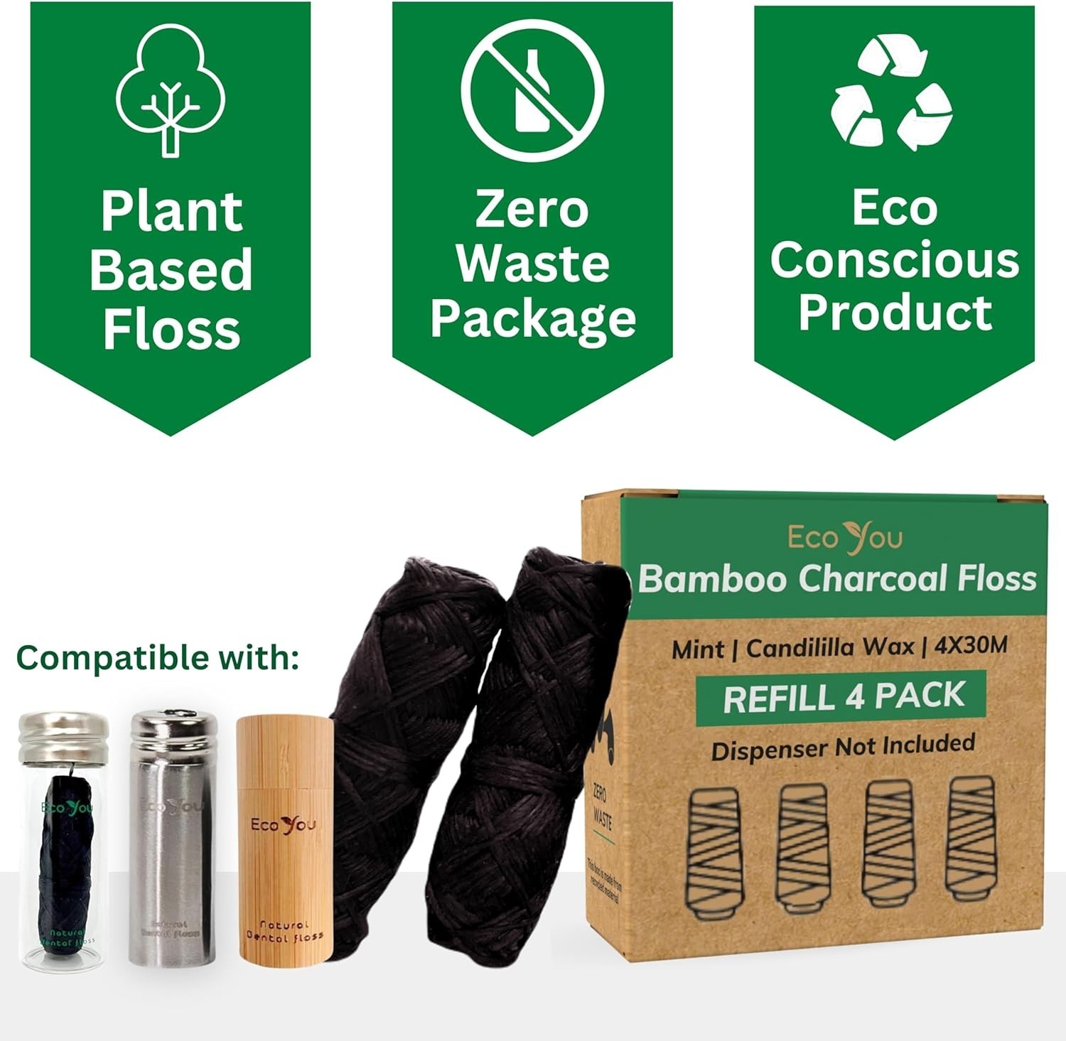 Bamboo Floss Refill | 4X100 FT Biodegradable Floss Refill | Mint & Candelilla |