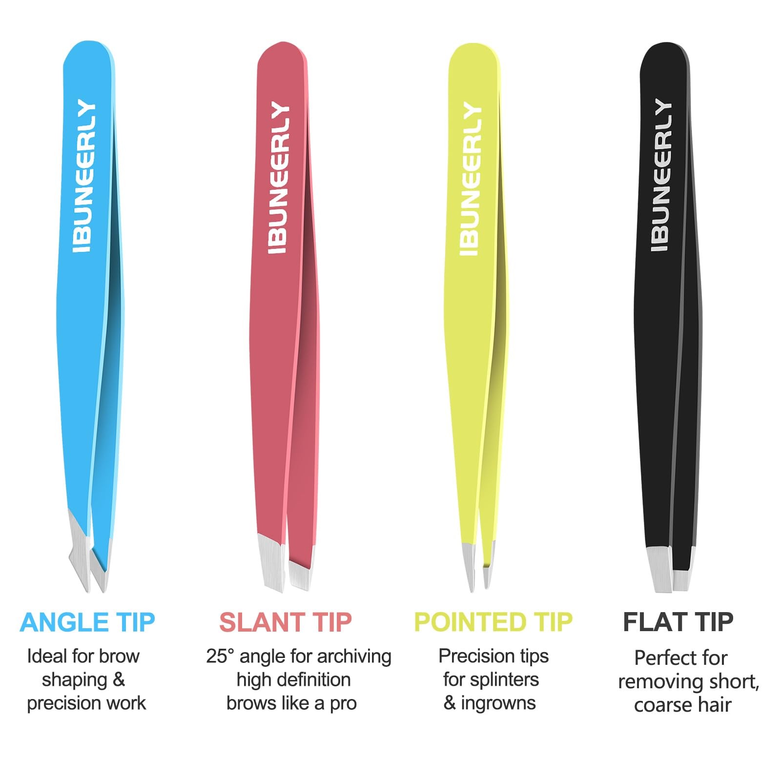 iBuneerly Eyebrows Tweezers Set, 4Pcs Stainless Steel Multi-color