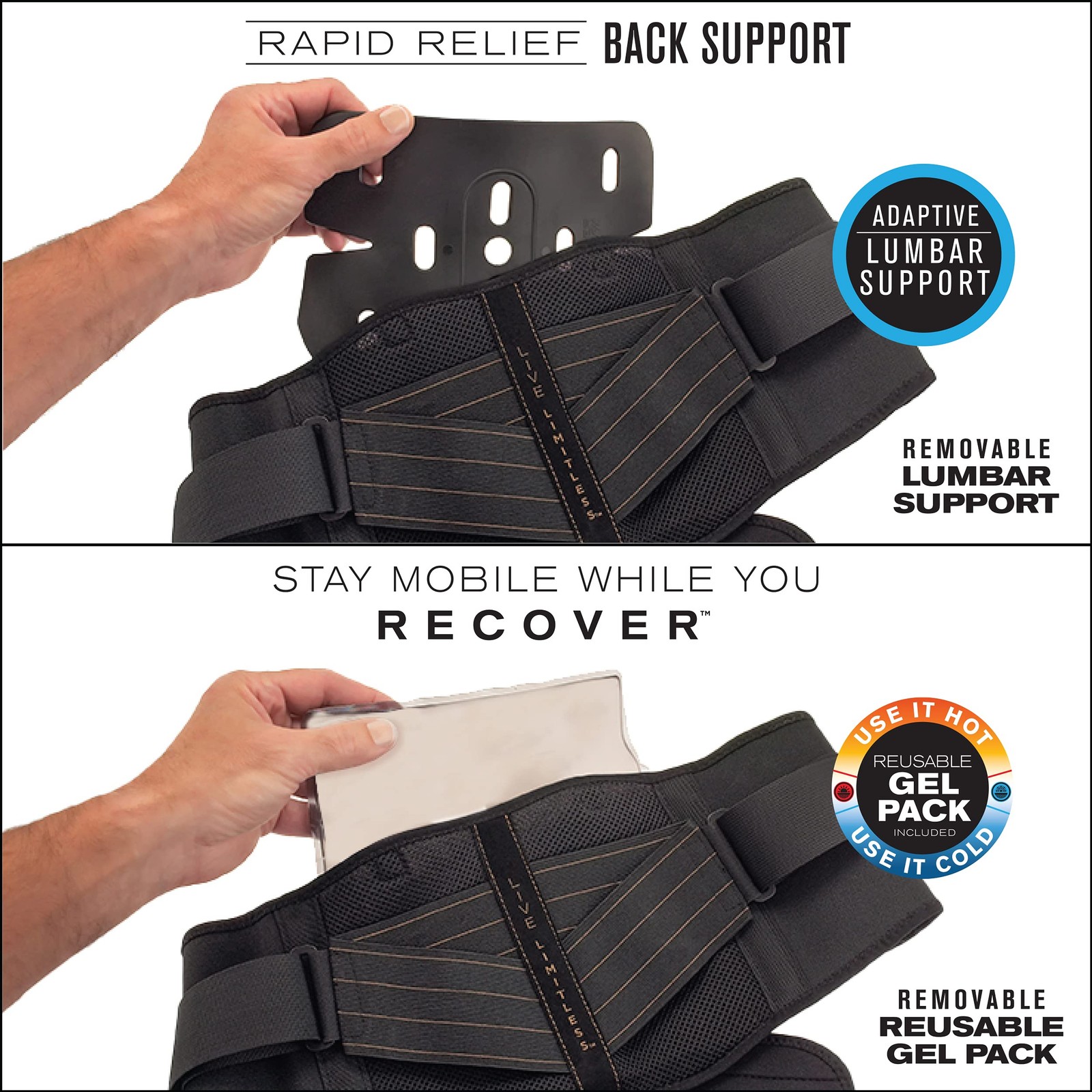 Copper Fit Unisex Adult Rapid Relief Back Support Brace Hot/Cold Therapy Black