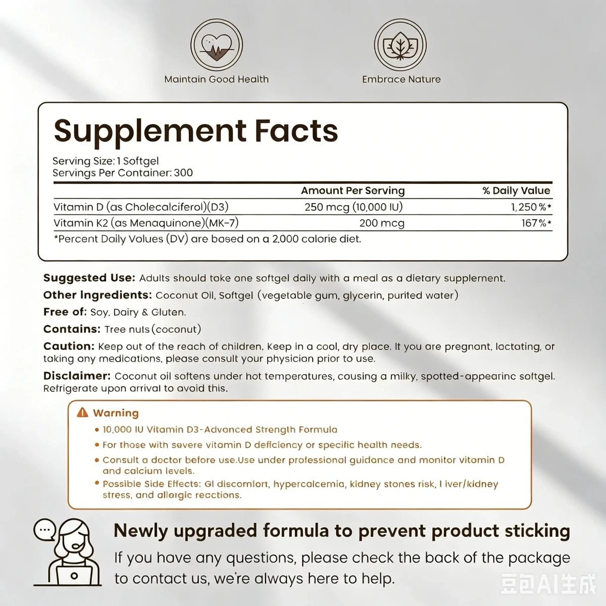 VEV D3 K2 10000 IU Softgels with Coconut Oil, 300 Ct,2-in-1 Vitamin,new