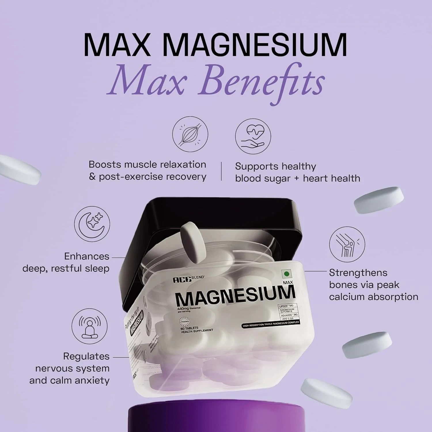Ace Blend Max Magnesium Glycinate 1600mg Triple Complex 60 Vegan Tablets