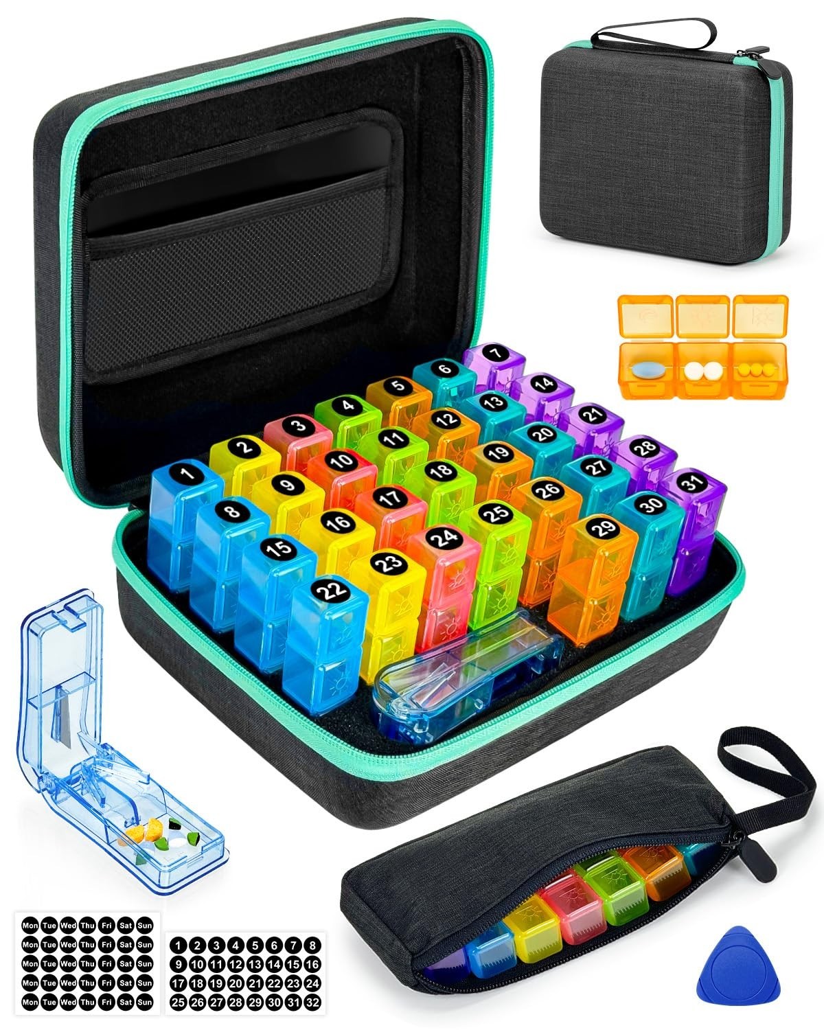 31-Day Pill Organizer with Cutter & Stickers, Portable Hard Shell, 3x Daily Use