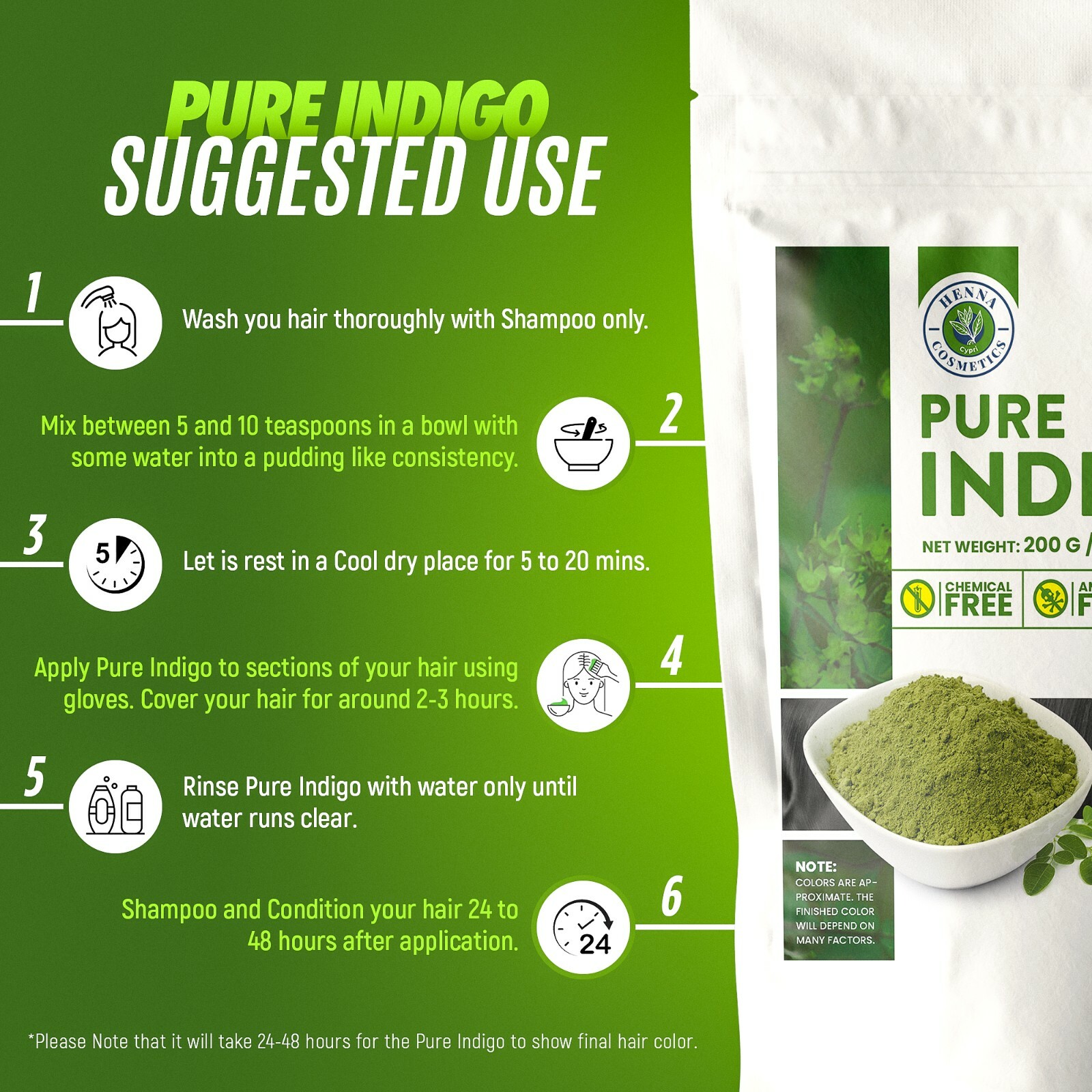 Indigo Powder For Hair Dye, Black, Coloring, Can Be Used With Henna, Organic