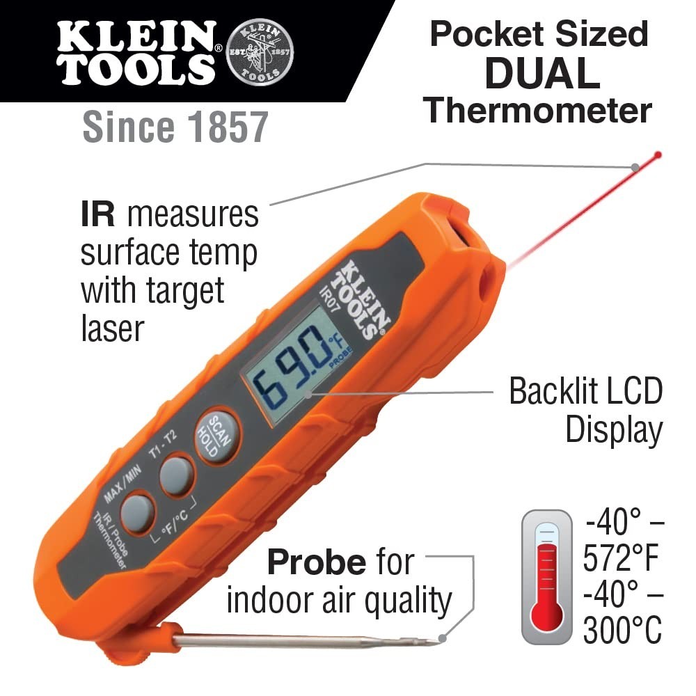 Handheld Dual IR and Probe Thermometer – Perfect for DIY and Inspections