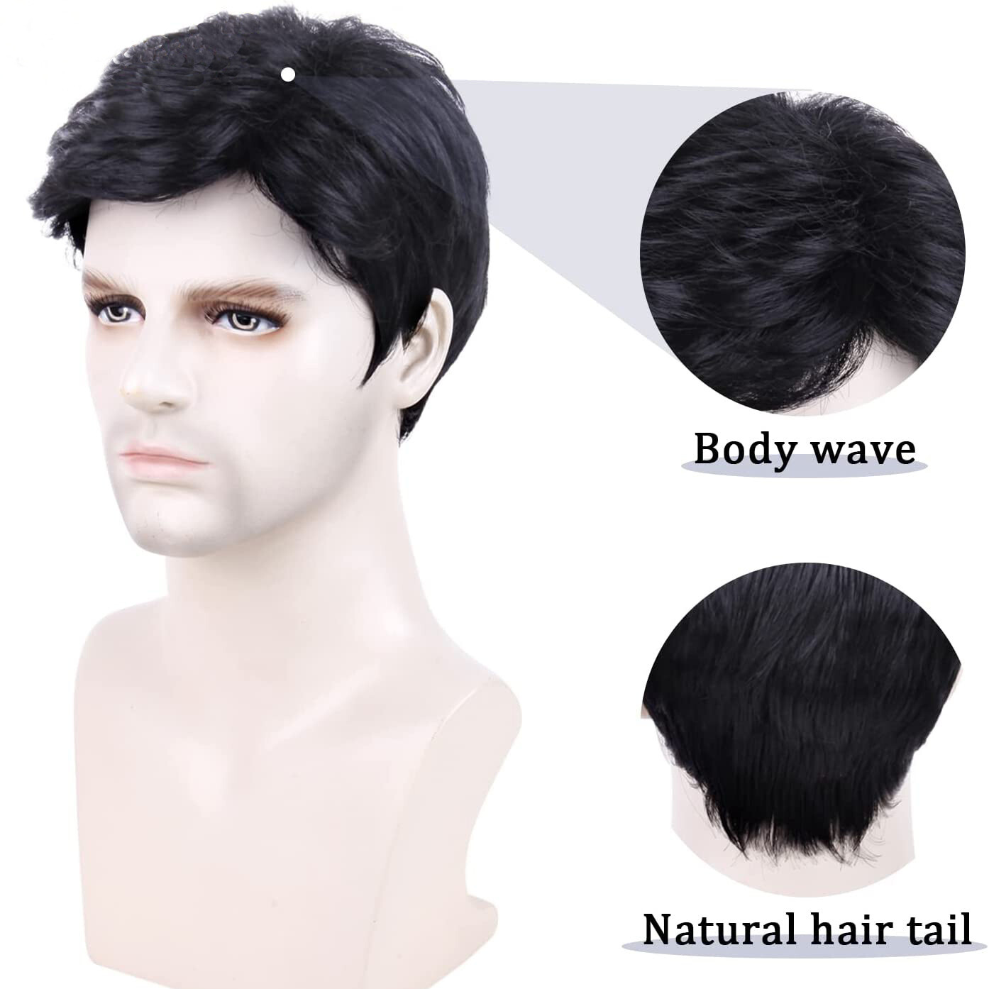 Handsome Adult Men Short Wavy Wig Natural Black Cosplay Party Layered Full Hair