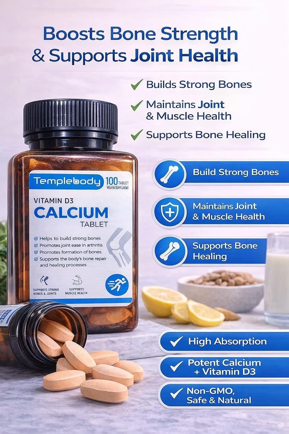 Tem.plebody Calcium Vitamin D3 Magnesium Zinc 100 Tablets