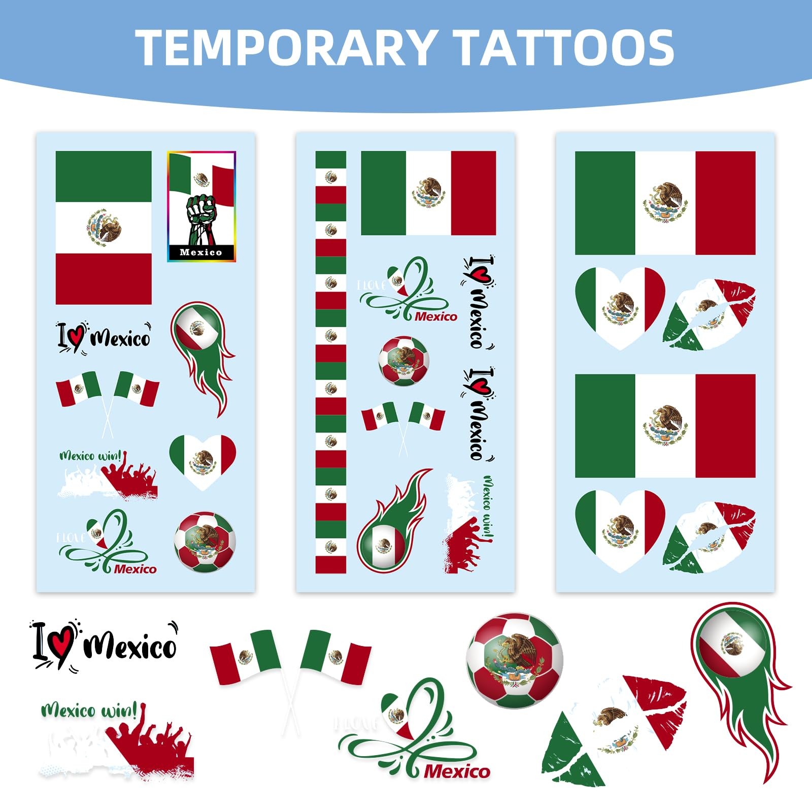 16 Sheets 12×6CM Temporary world cupFlag Tattoos, Face Medium, colorful