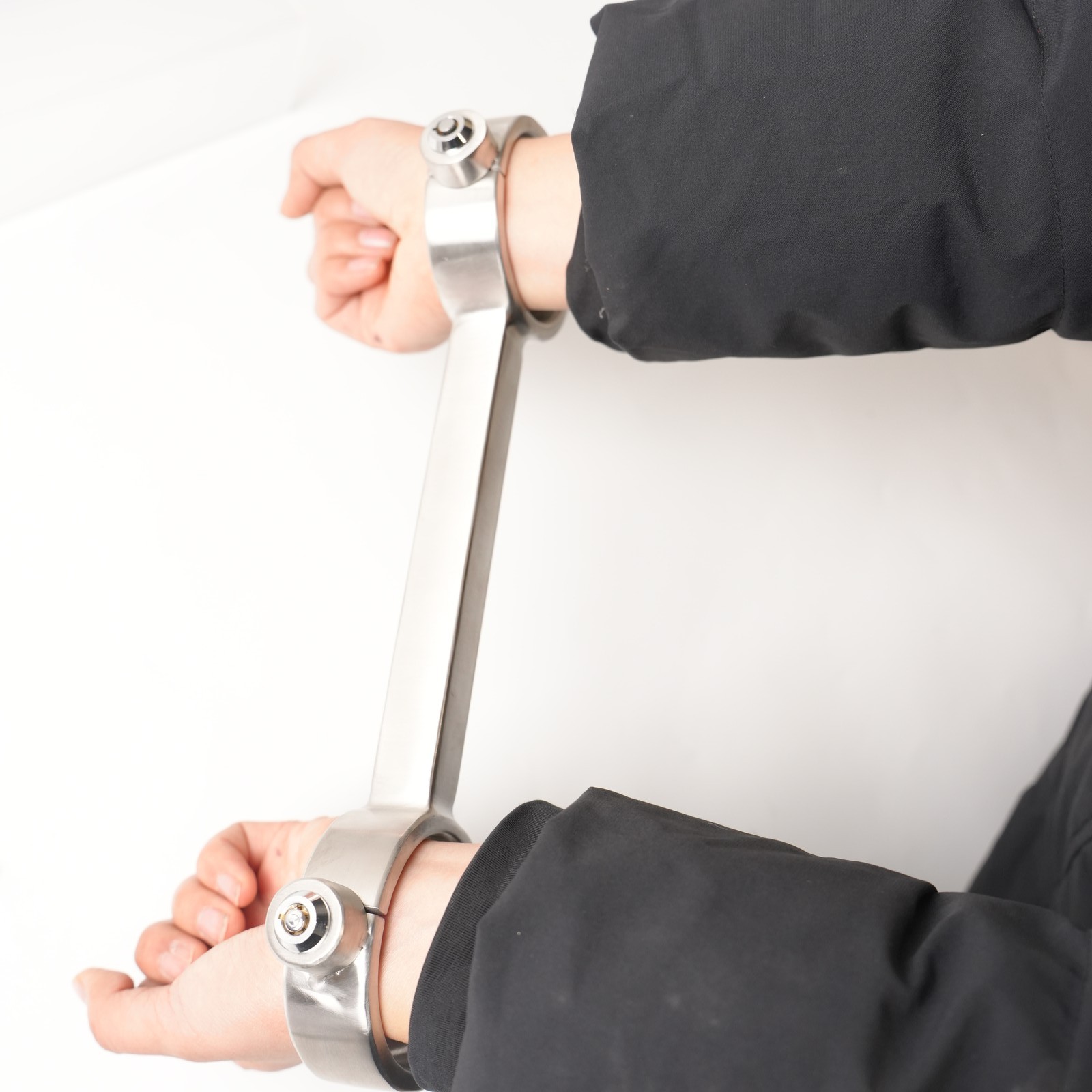 Stainless Steel Push Lock Fixed Handcuffs Wrist Collar Heavy Restraints