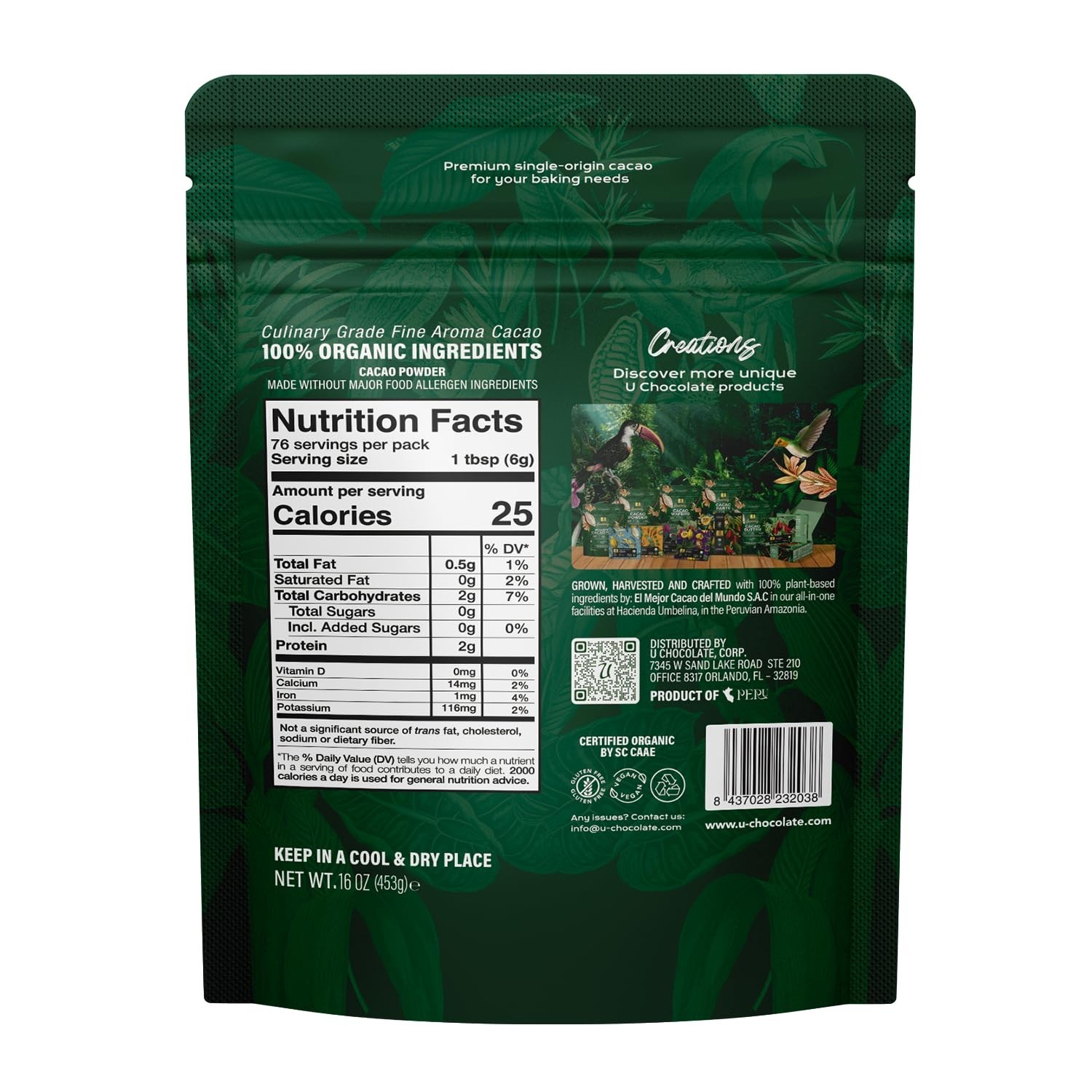 1 LB (16 OZ ) Organic Raw Cacao Powder 100% Pure, ALL NATURAL,ALWAYS FRESH