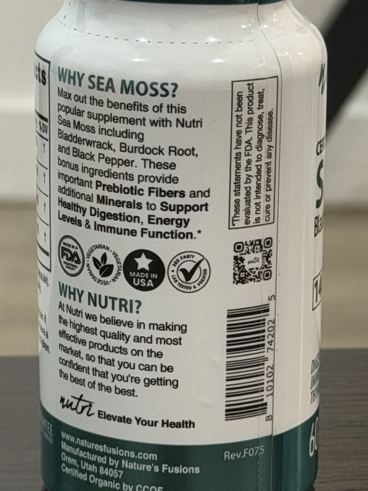 Nutri Organic Sea Moss Bladderwrack Burdock Root Black Pepper 1405mg 60 Capsules