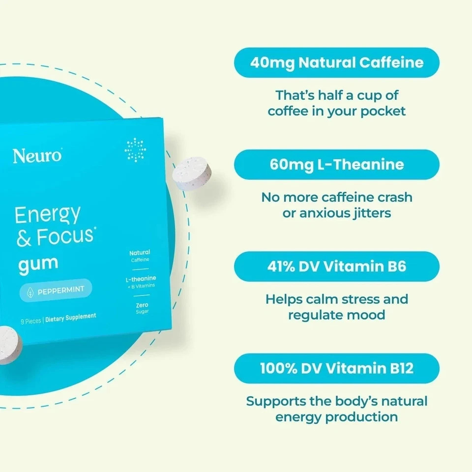 New Neuro Mints Energy and Focus 90 Pieces Peppermint Natural Caffeine Exp. 2/28