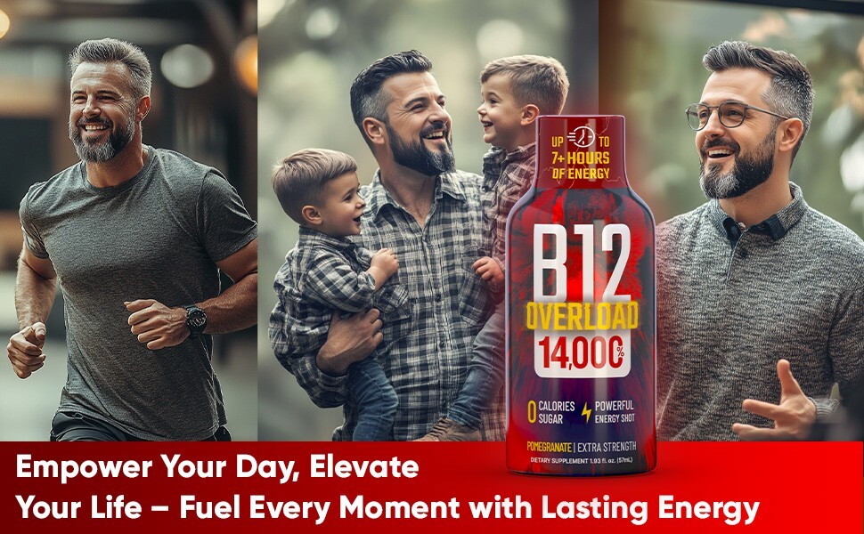 (48 Pack) GAQ B12 Overload Energy Shots, Pomegranate, Up to 7+ Hours of Energy