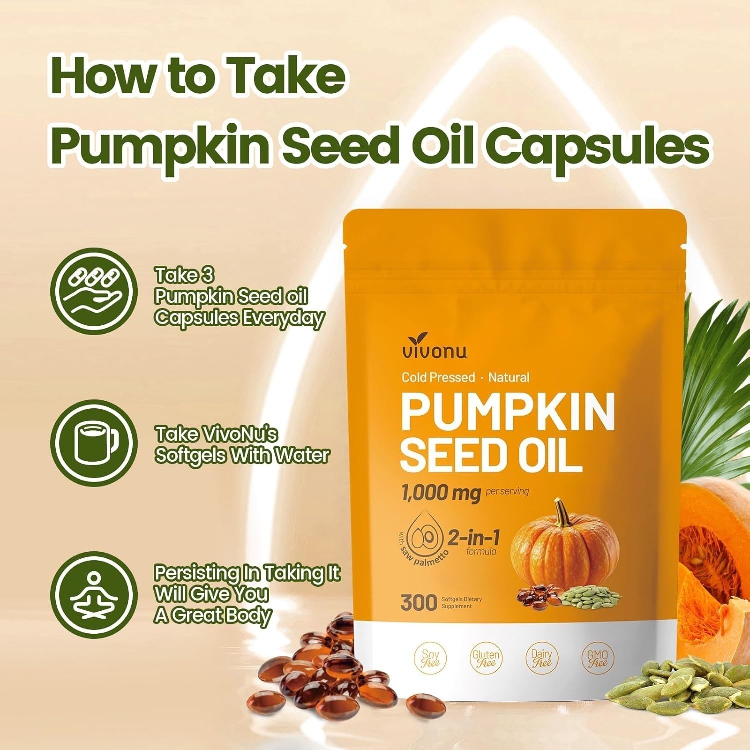 VivoNu Pumpkin Seed Oil with Saw Palmetto Capsules|Cold Pressed, Pure Virgin Oil