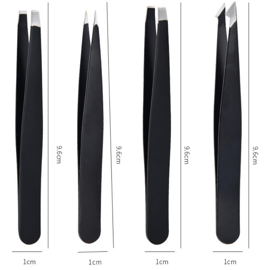 US Tweezers Set 4 Piece Professional Black Plucker Stainless Steel With Case