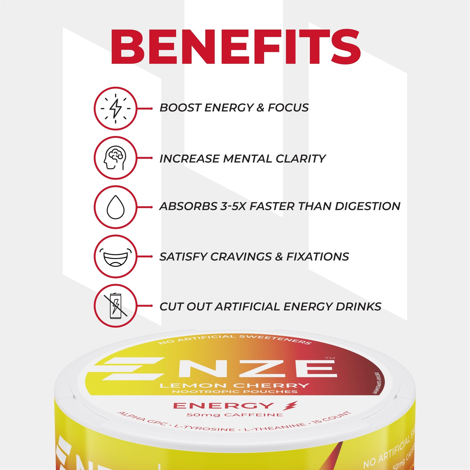 NZE Caffeine Nootropic Pouches Lemon Cherry Energy Pouches with 50mg Caffein…