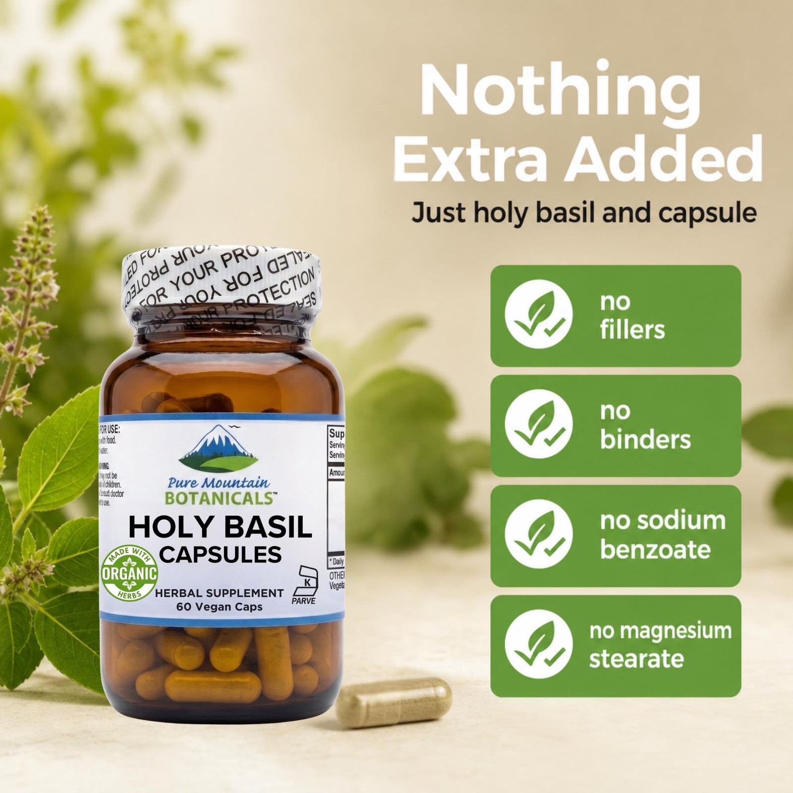 Pure Mountain Botanicals Holy Basil Supplement – Kosher Organic Tulsi Capsules