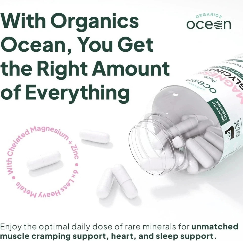 Organics Ocean Pure Magnesium Glycinate Zinc Strength Chelated 30 Capsules US