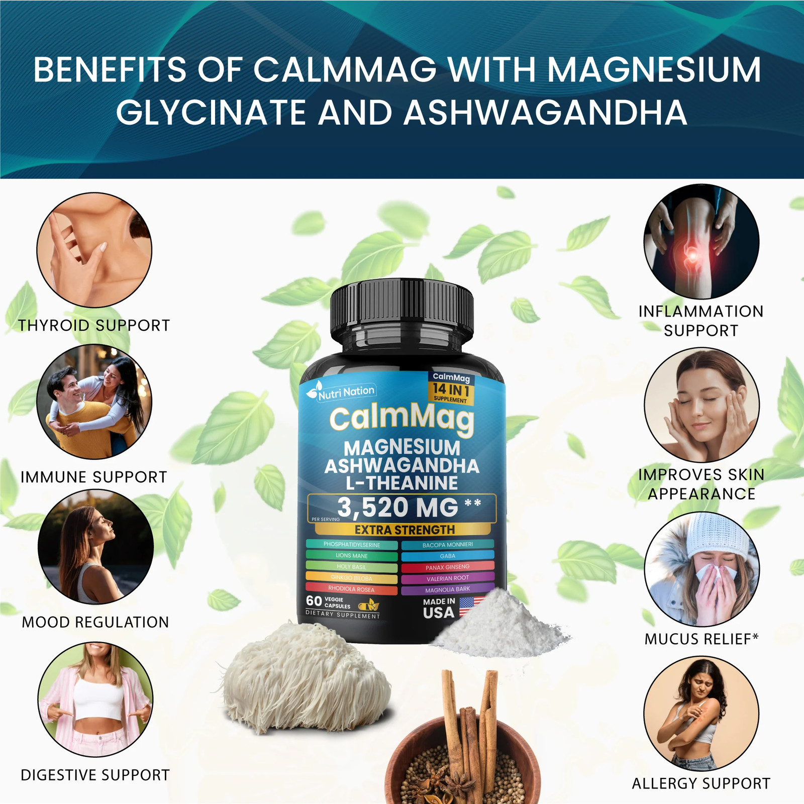 Best Magnesium Glycinate with Ashwagandha and L-Theanine 14 in 1 Supplement 60