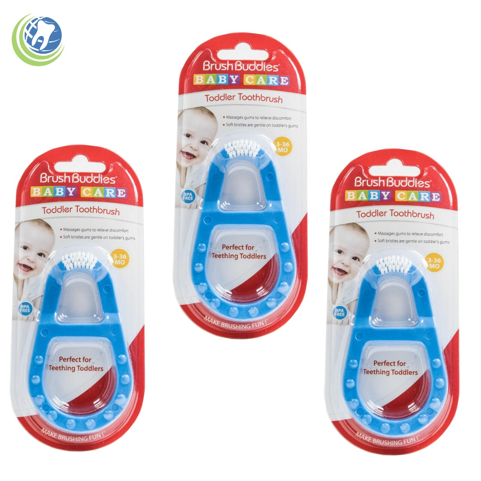3X New Brush Buddies Baby Care Toddler Toothbrush 3-36 Months Relief Blue