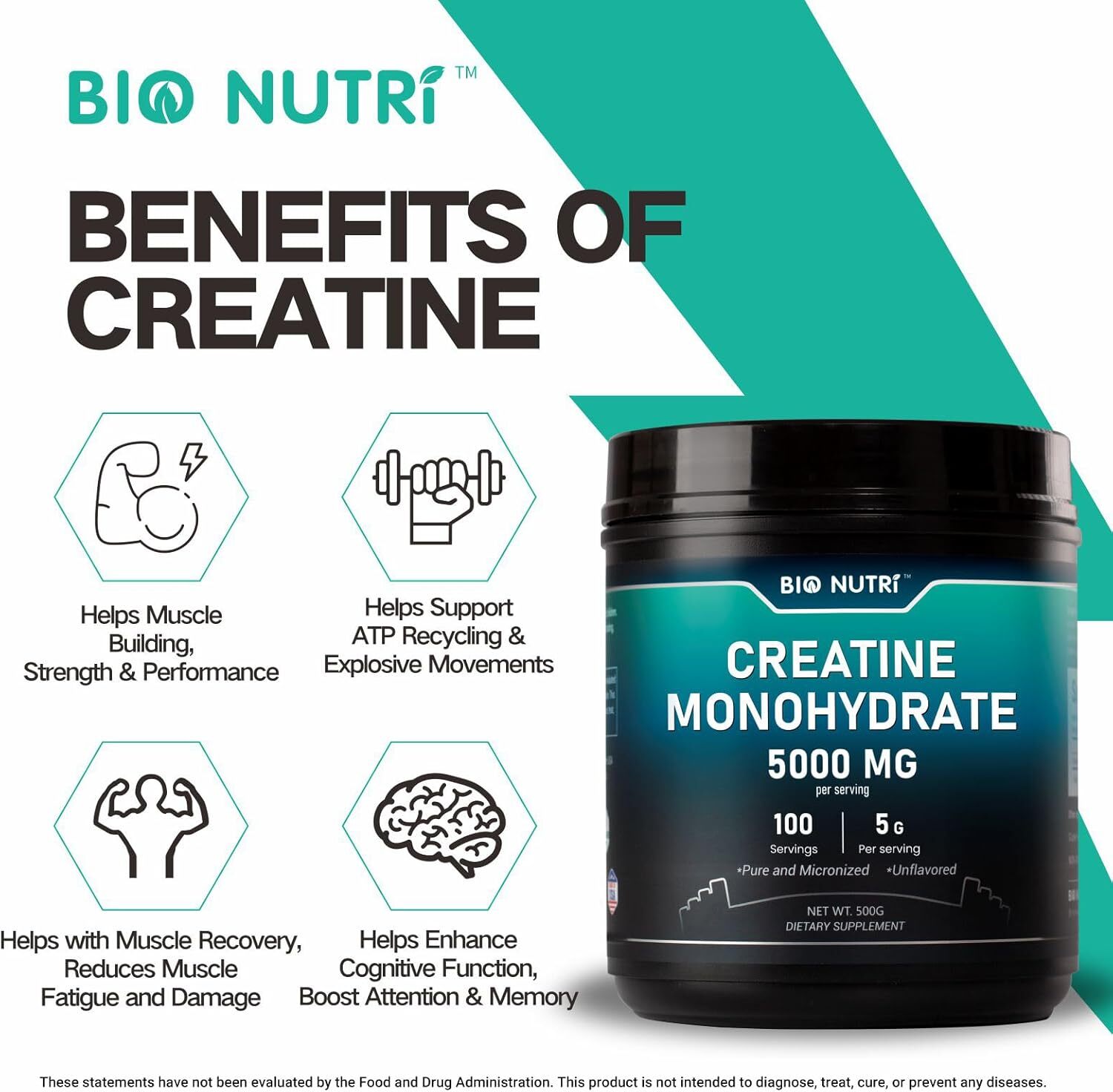 Pure Creatine Monohydrate Supplements Powder | 5000mg Per Serving | BY BIO NUTRI