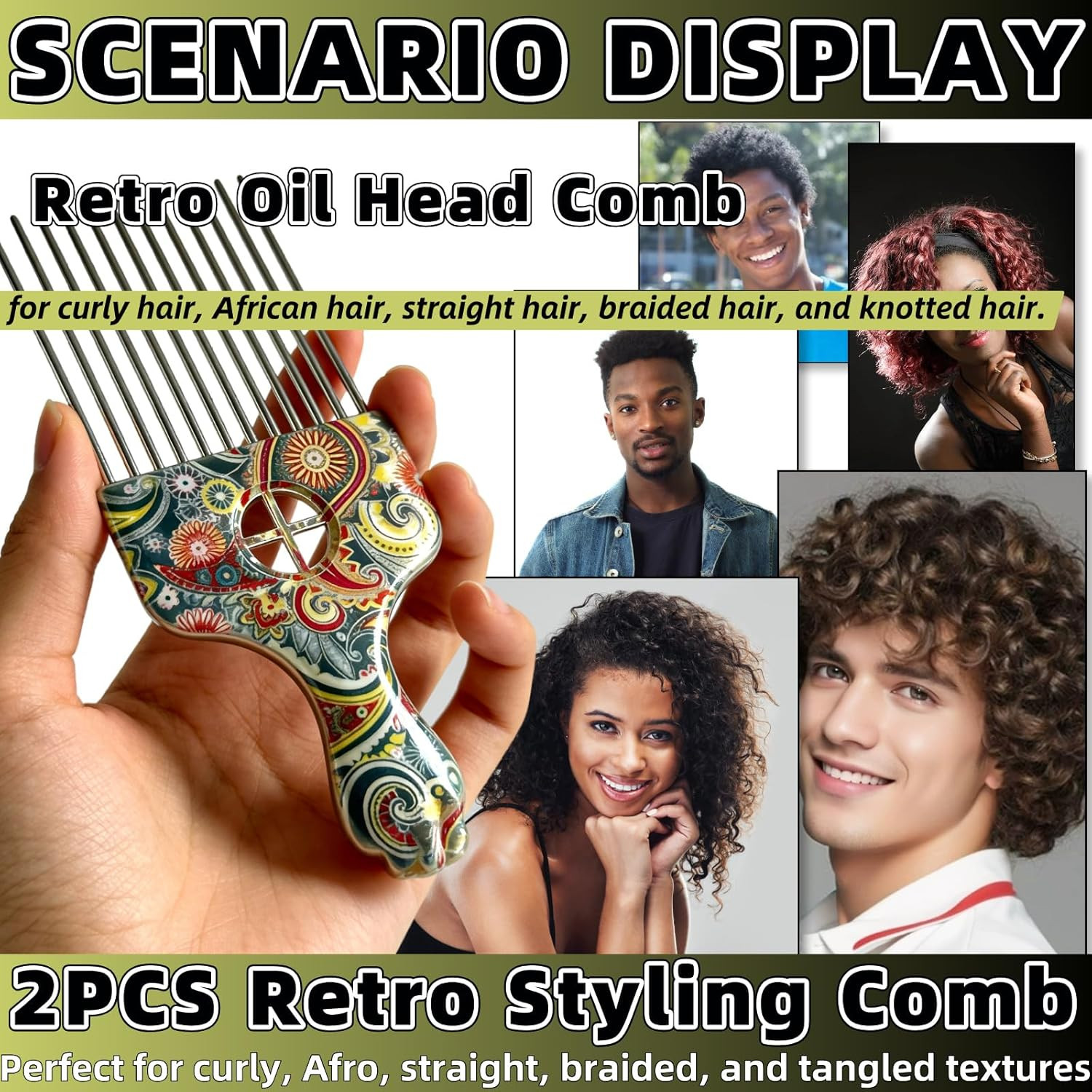 2 Pack Stainless Steel Professional Hair Styling Pick Comb Hair Afro Pick Wide T