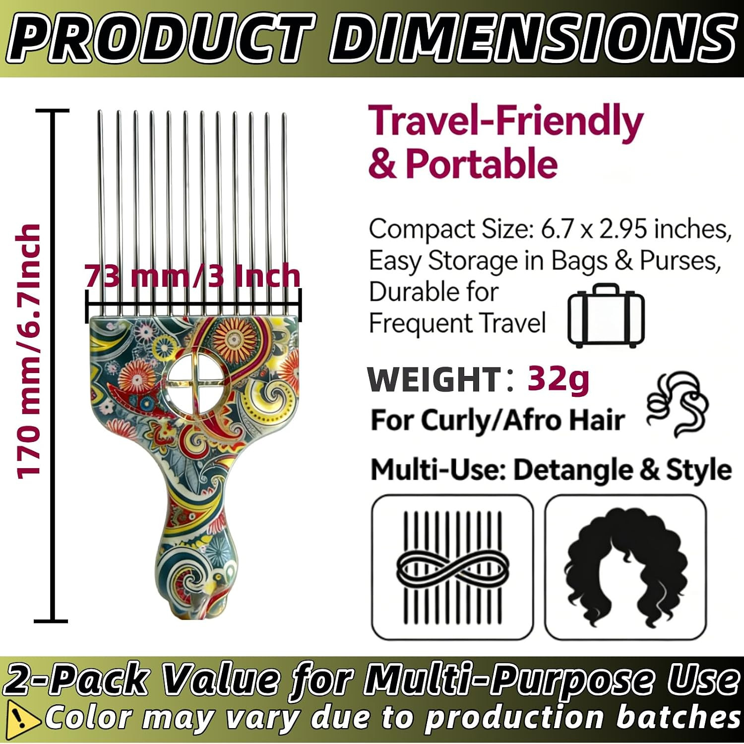 2 Pack Stainless Steel Professional Hair Styling Pick Comb Hair Afro Pick Wide T