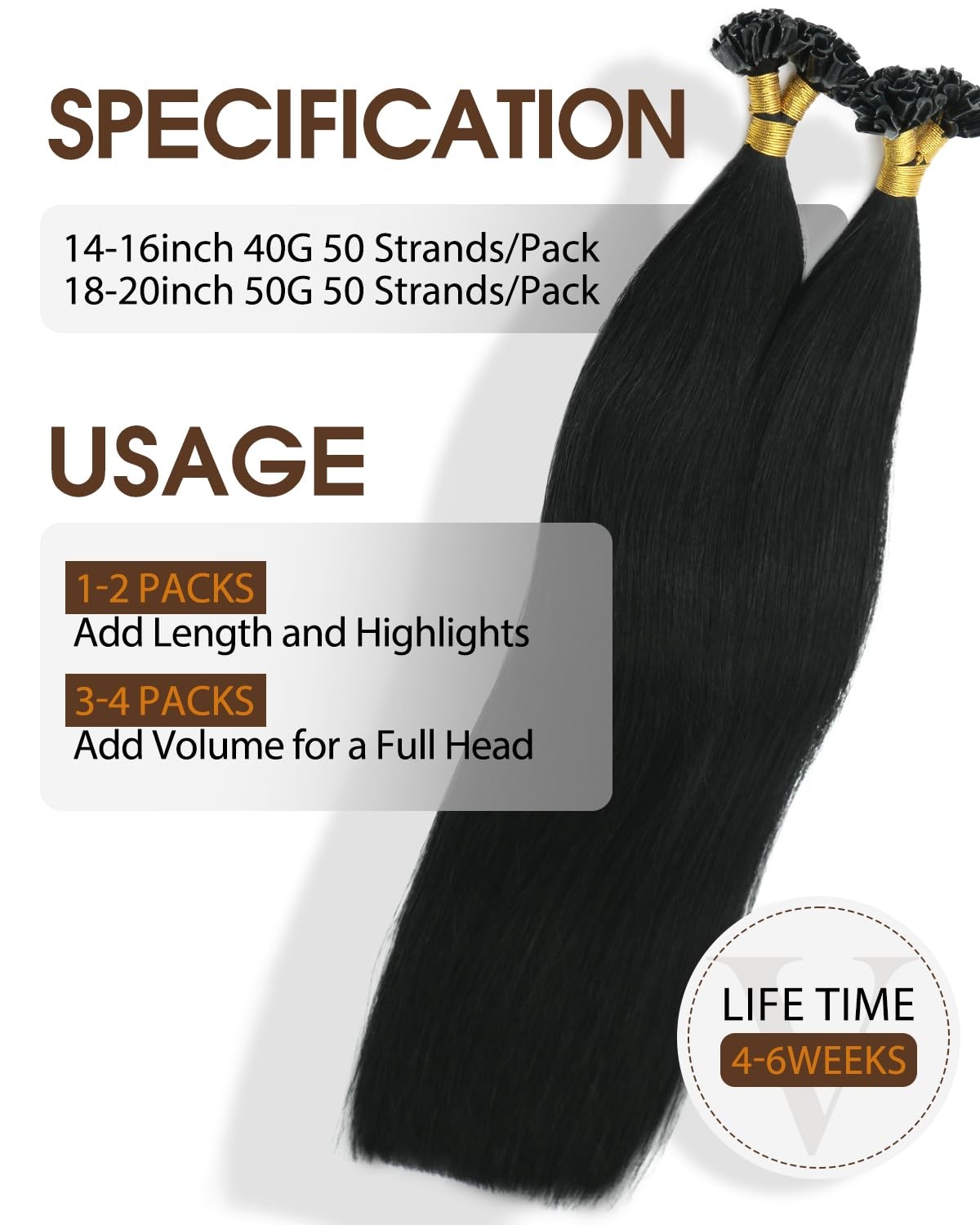 Vinbao U Tip Hair Extensions Black Keratin Hair Extensions 50S 40G Hot Fusion
