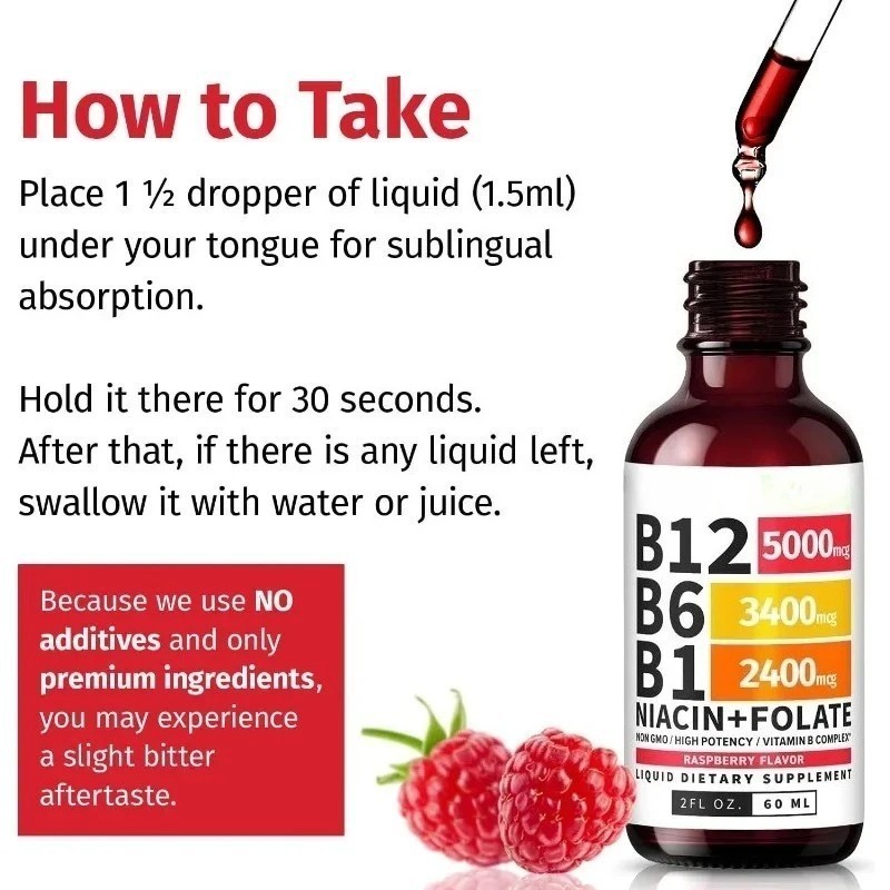 2-Bottles Vitamin B12 and B6 Liquid Drops B12 Complex – B1 Sublingual Vitamin B