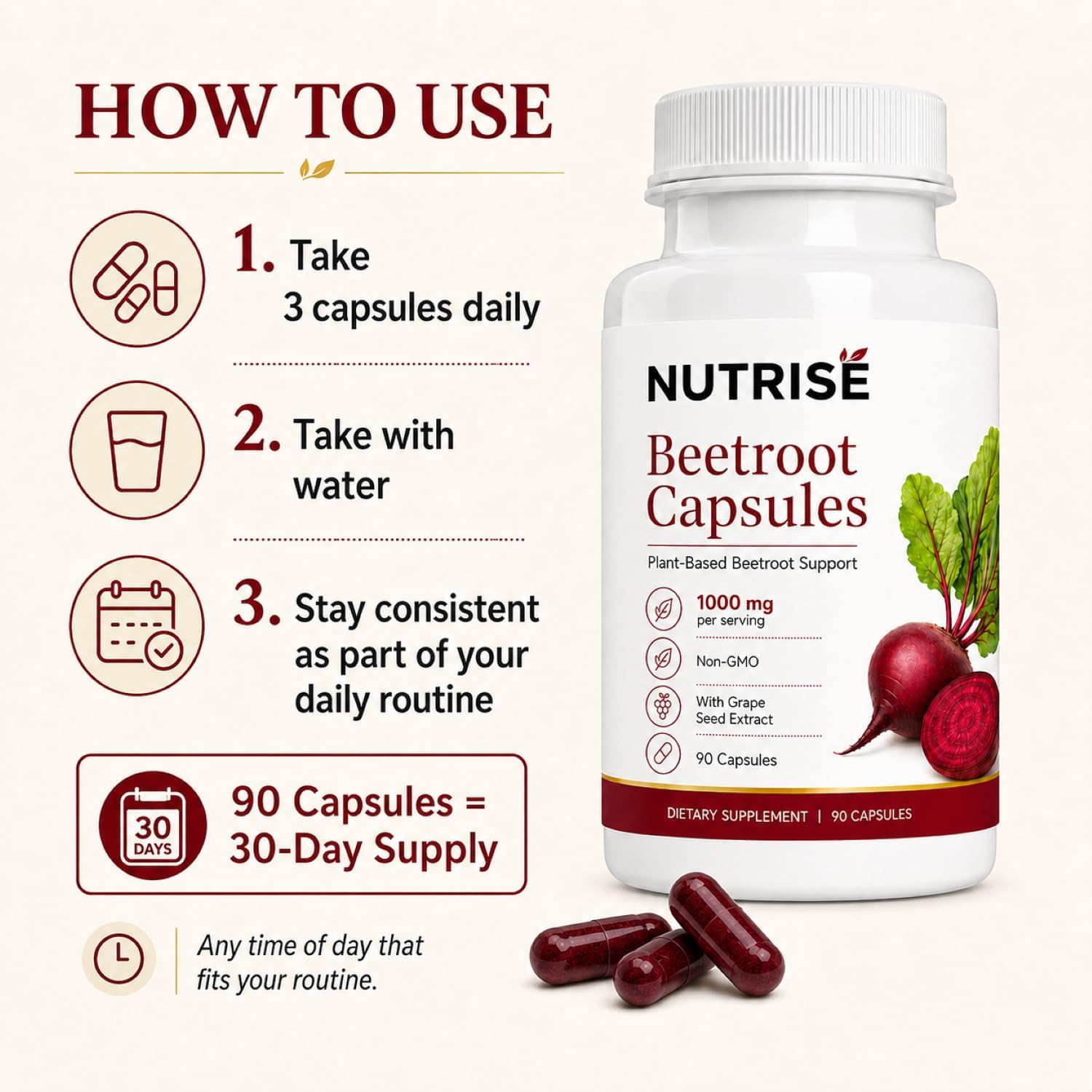 Nutrise Beetroot Capsules，Vegan, Non-Gmo, Gluten-Free, 90 Capsules