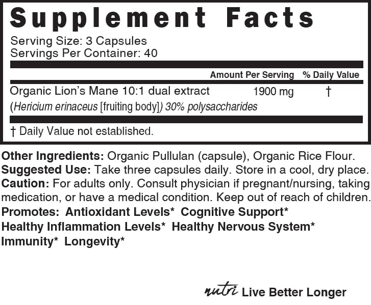 Nutri Organic Lions Mane Supplement Capsules – 1900 mg, 10:1 Dual…